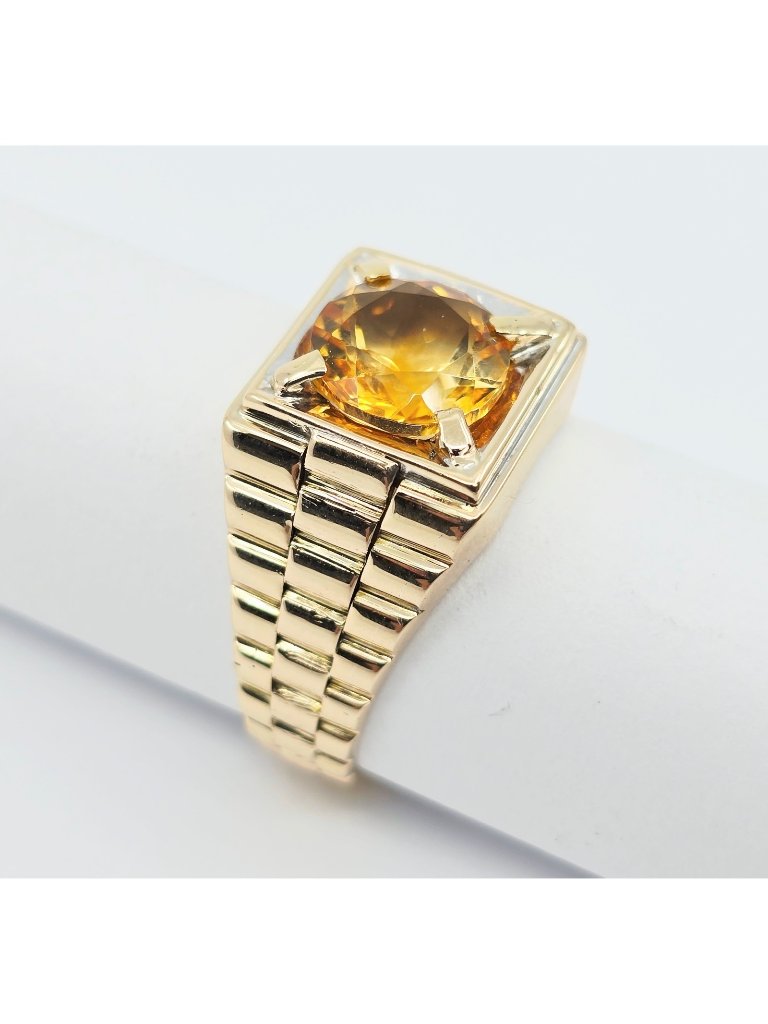 Unique 13k Karat Solid Yellow Gold Designer Rolex Style Mens Ring With Citrine